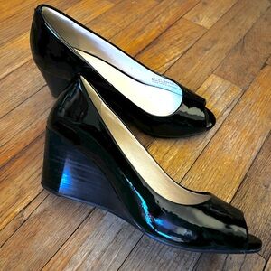 Cole Haan Sadie Glossy Black Peep-Toe Wedges